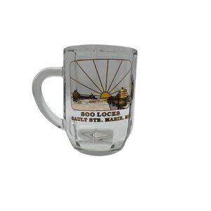 Soo Locks Sault Ste. Marie MI Souvenir Glass Mug 4" Tall Made In USA